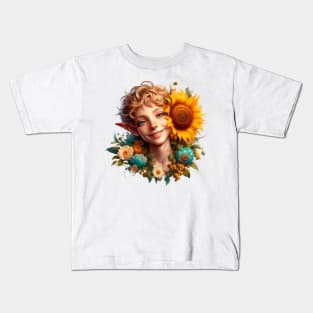 smiling elf with showy flowering sunflower Kids T-Shirt